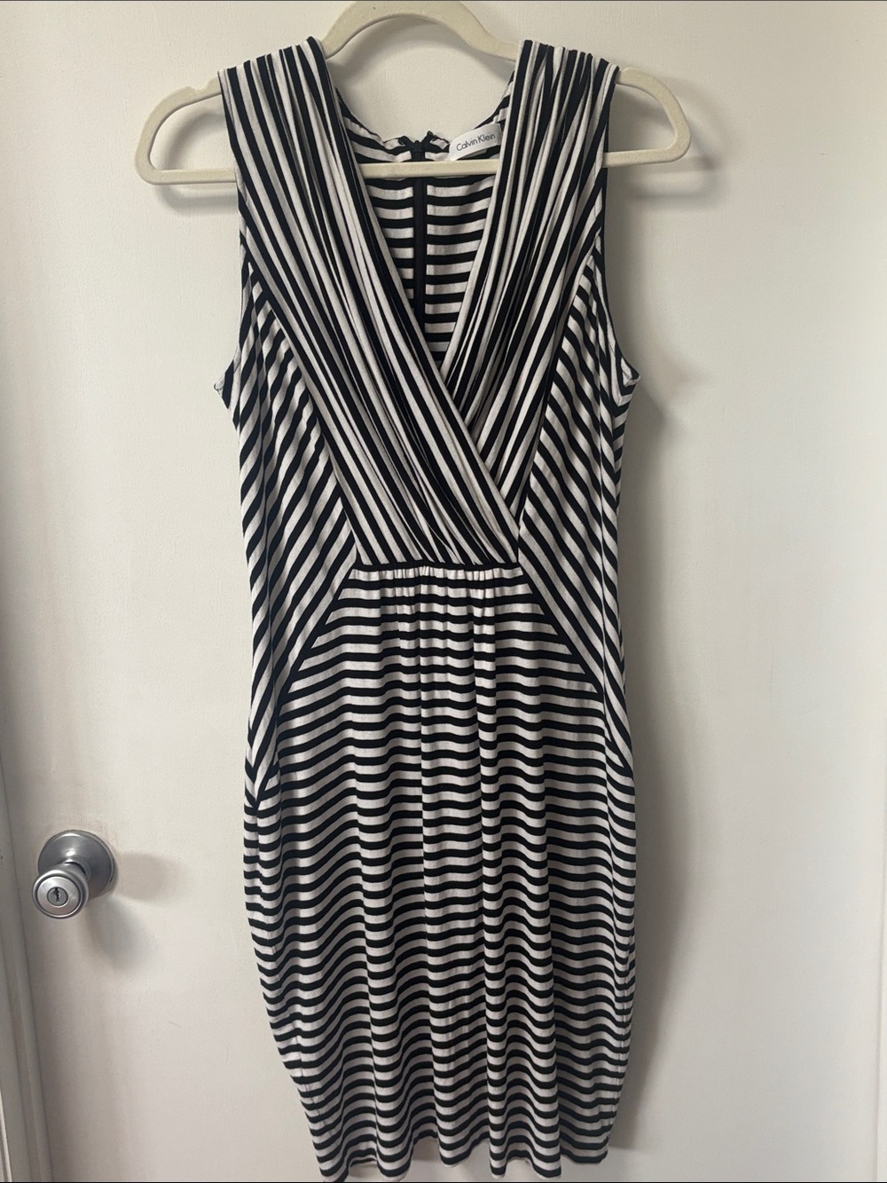 Calvin Klein Black and White Striped Sleeveless Wrap-Style Dress